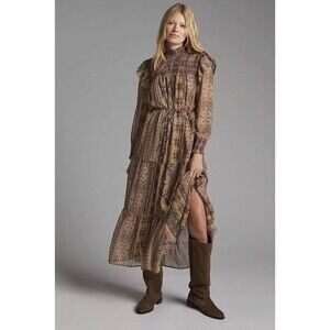 Anthropologie Llani Smocked Midi Dress Size‎ XS Brown High Neck Embroidered